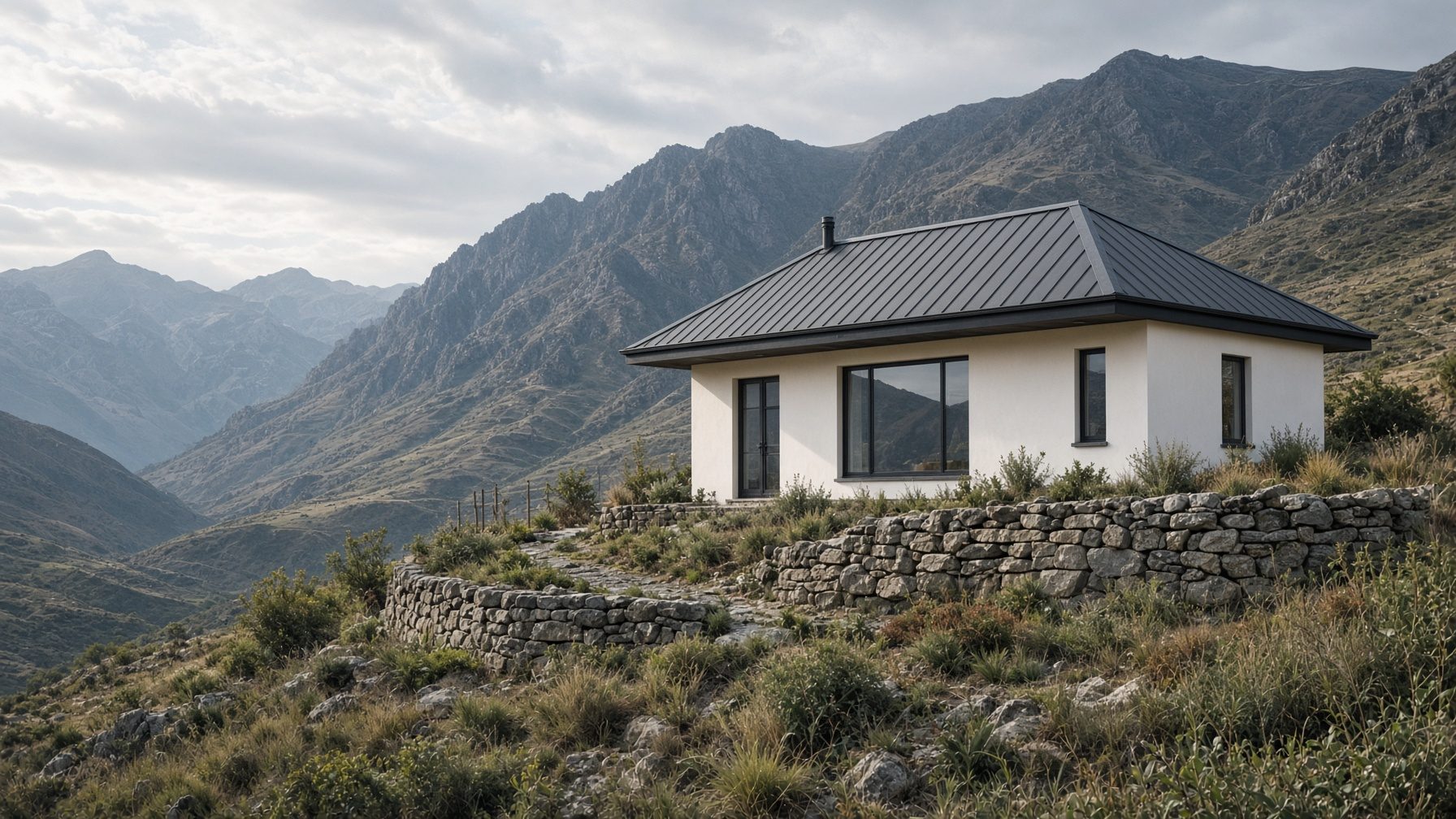Modest modern cottage on a hillside with a mountain backdrop in the Lesotho highlands — design inspiration