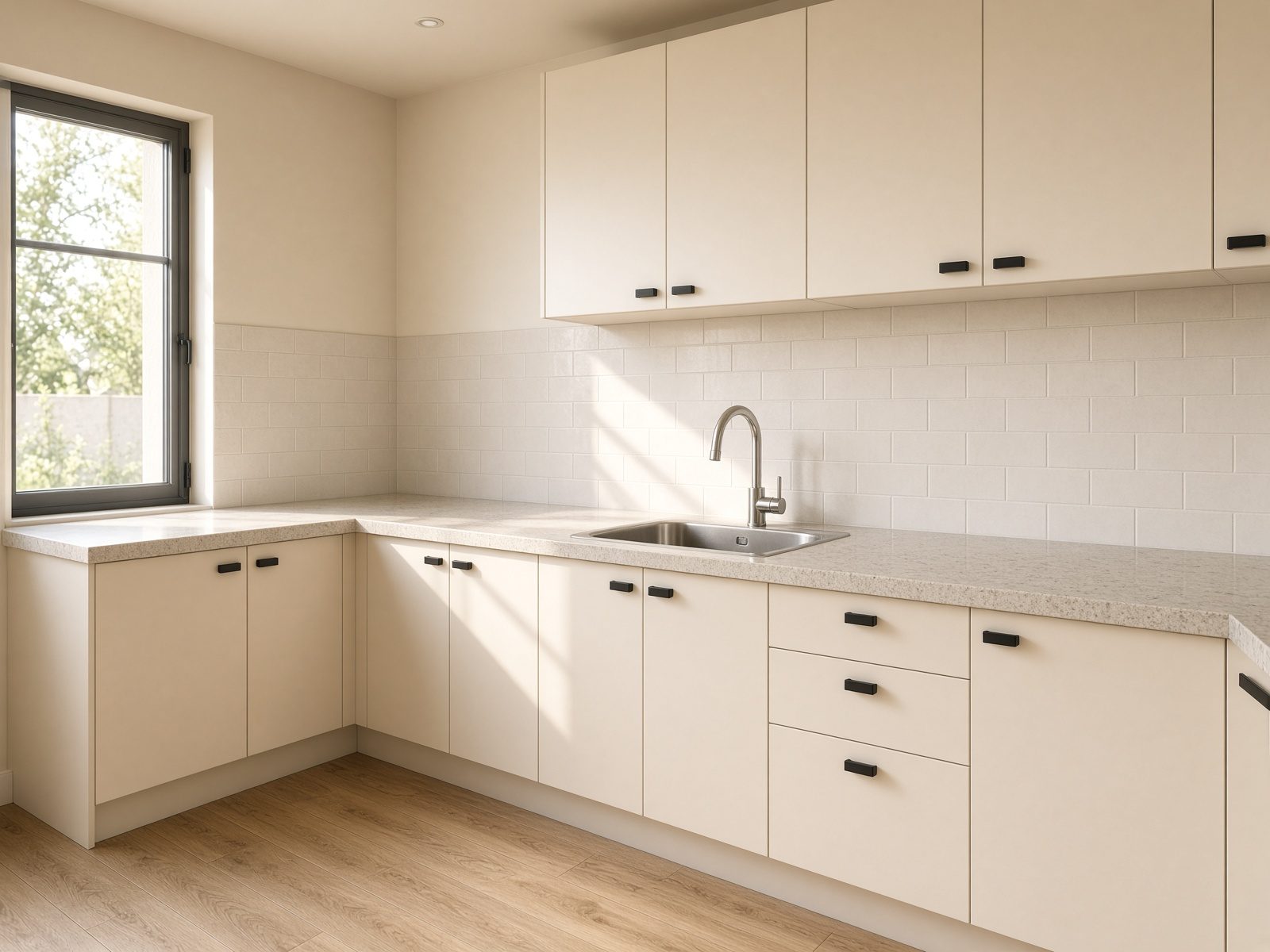 Compact modern kitchen with cream cabinets